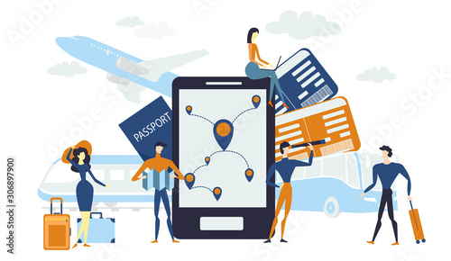 Concept of vacation planning with Flat people travelers , travel by various means of transport, on-line booking of tickets, vector illustration