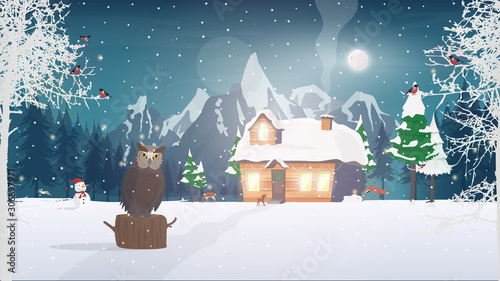 Night in the forest. House in a snowy coniferous forest. Night, forest, trees, cottage, owl, deer, sniger. Well suited for the design of a New Year banner and animation.