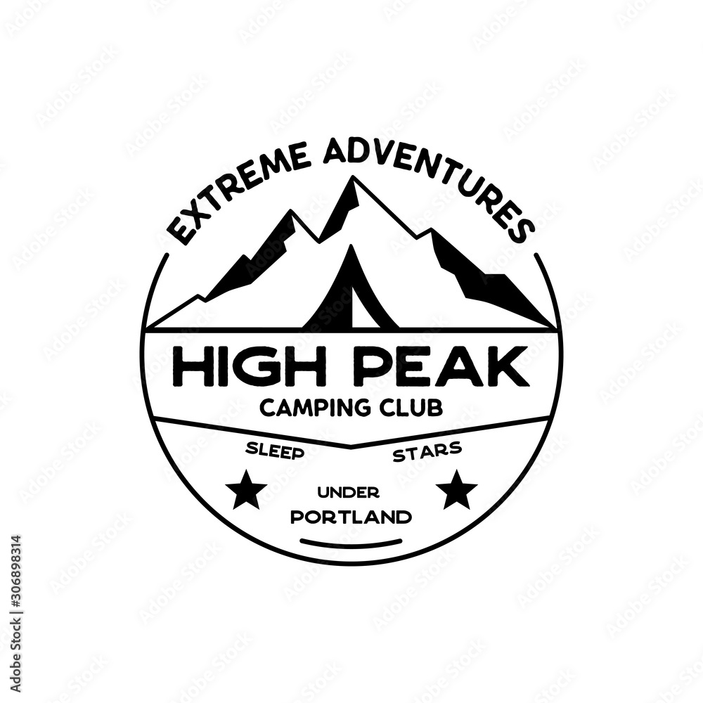 Extreme adventure Badge. High peak camping club emblem in silhouette retro style. Featuring mountains and tent. Travel logo, patch. Stock hiking label isolated on white background