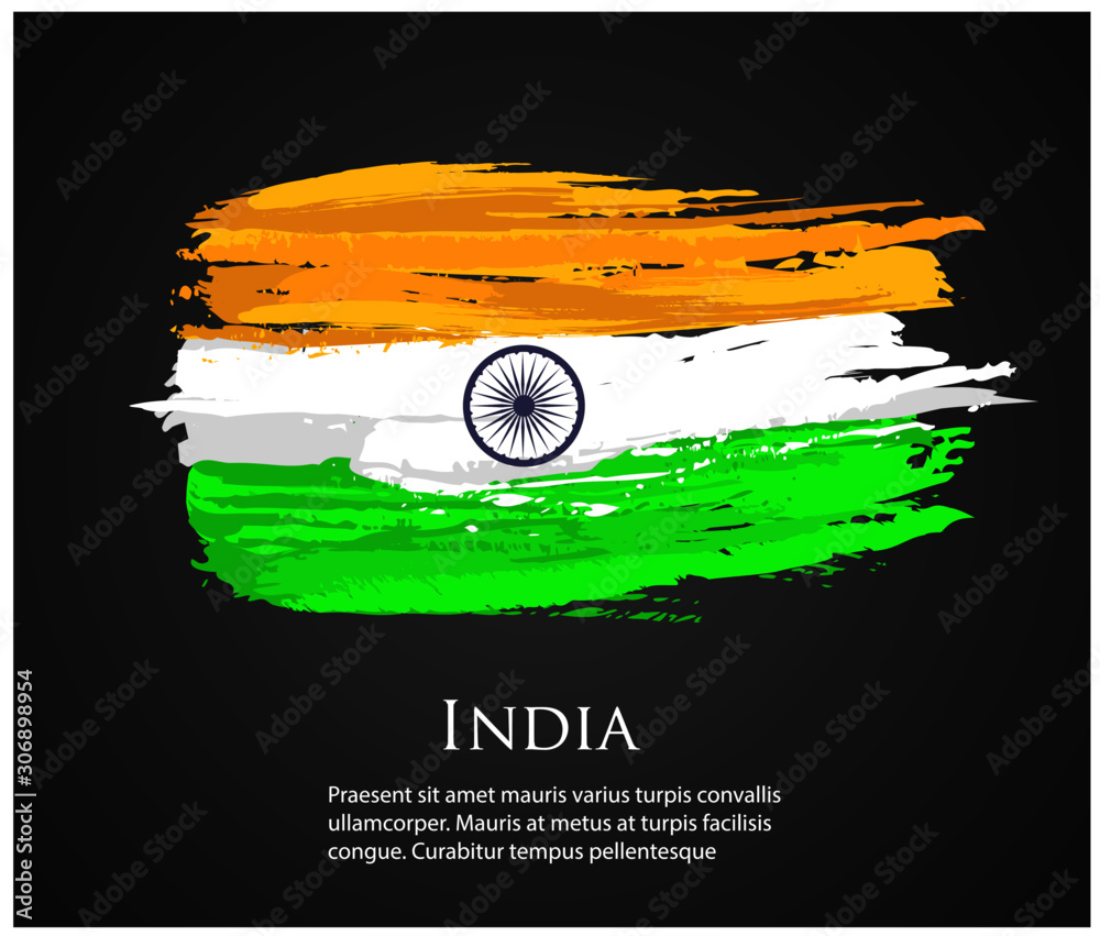 vector template Illustration India flag Asia country orange white green  brush paint watercolor hand drawn stroke and texture. Grunge vector  isolated on black background Stock Vector | Adobe Stock