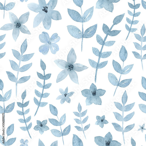 Indigo vintage monochrome seamless pattern. Watercolor hand drawn seamless pattern with indigo leaves and flowers. Textile  fabric  cover design.