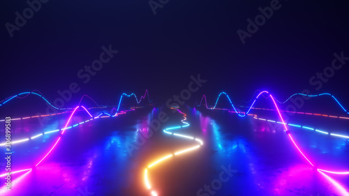 Flying over a colorful bright neon glowing graphic equalizer. World of music. Ultraviolet signal spectrum, laser show, energy, sound vibrations and waves.