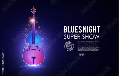 Blues night. Musical poster template with shining double bass.