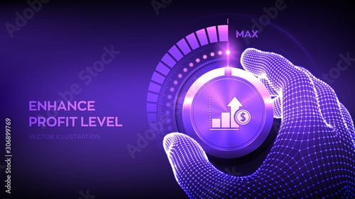Profit levels knob button. Increasing Profit Level. Wireframe hand turning a profit test knob to the maximum position. Finance concept of profitability or return on investment. Vector illustration.