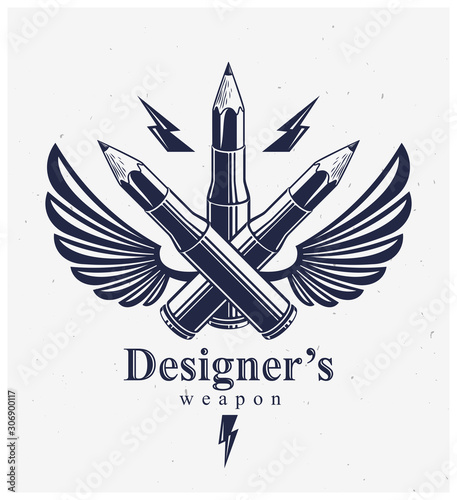 Idea is a weapon concept, weapon of a designer or artist allegory shown as a winged firearm cartridge cases with pencils instead of bullet, creative power, vector logo or icon.