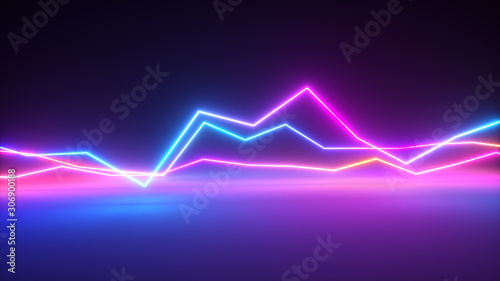 Bright colorful glowing neon lines. Abstract musical equalizer background, graph, diagram, drawing, curve, chart. Modern ultraviolet blue purple color cpectrum.3d illustration