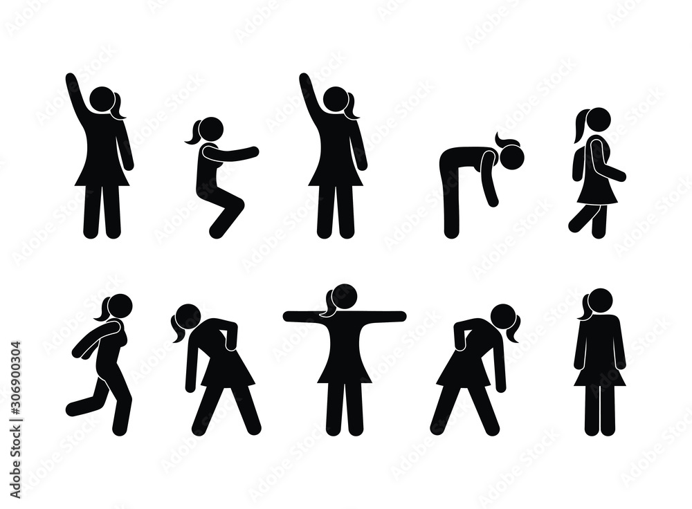 Φωτογραφία girl doing gymnastics, stick figure man icons, people pictogram isolated symbols
