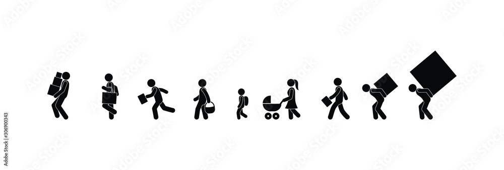 icon man goes with a load, stick figure human silhouette icon man goes with a load, stick figure human silhouette