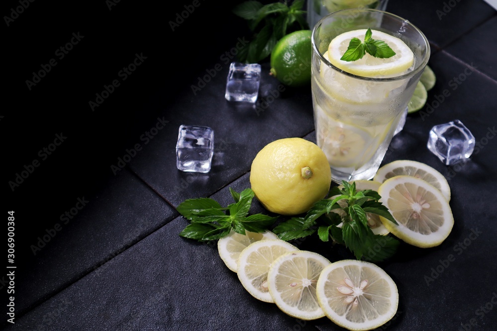lemonade with mint and lemon,glass and ice lemonade with mint and lemon,glass and ice