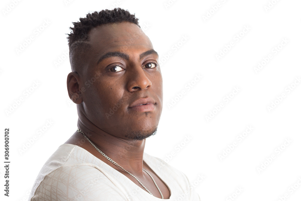 black brazilian man looking confident at camera with serious expression profile. Isolated on white background. black brazilian man looking confident at camera with serious expression profile. Isolated on white background.