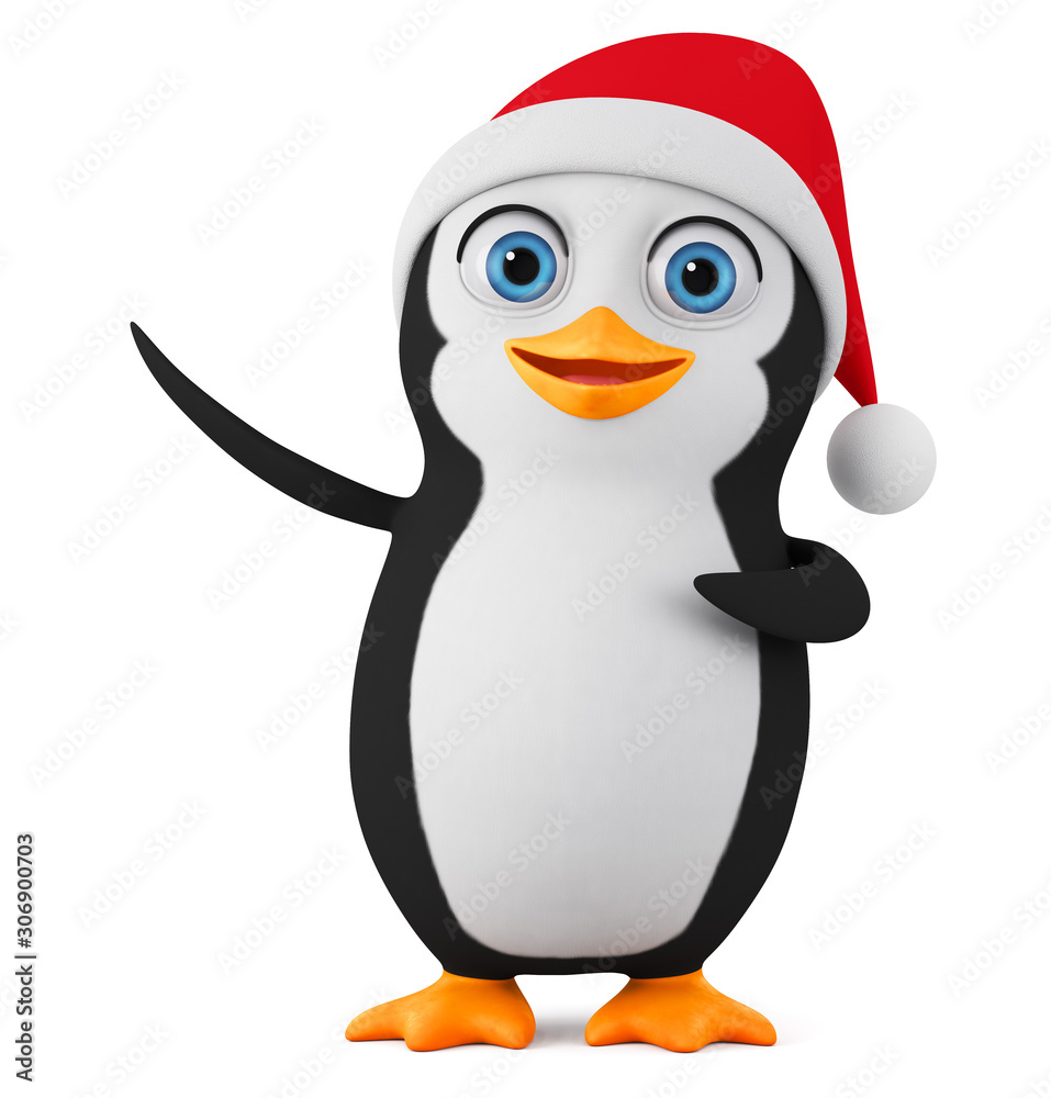 Obraz premium Penguin in a red cap indicates a blank space on a white background. 3d render illustration.