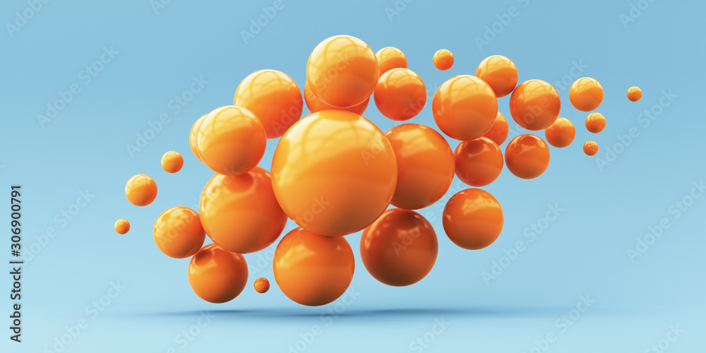 Naklejka 3d render illustration for advertising. Falling orange balls in the blue background.