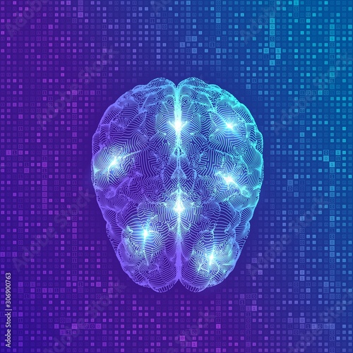 Brain. Digital brain on streaming matrix digital binary code background. 3D Science and Technology concept. Neural network. IQ testing, artificial intelligence virtual emulation. Vector illustration.