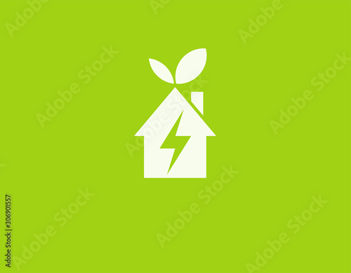 Creative logo design minimalistic sign house leaves plants and lightning for your company alternative energy