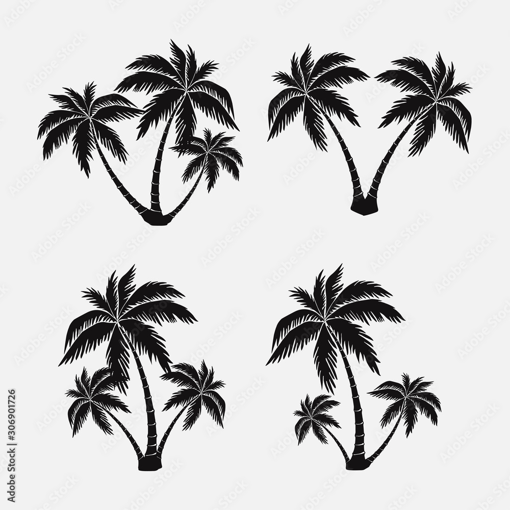 set of silhouettes of palm trees, exotic symbol, realistic style