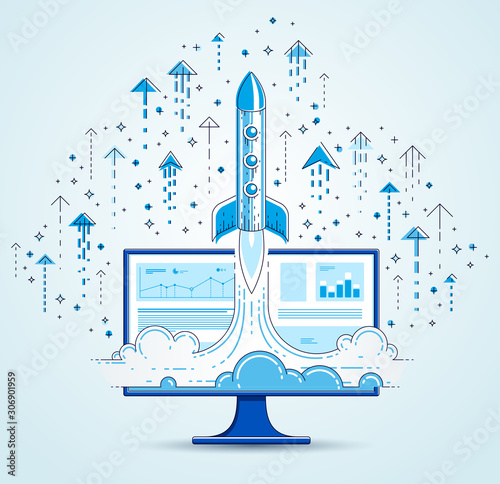 Startup rocket take off over computer monitor and set of icons, space rocket flying start up internet business concept, online finance, marketplace or shop, vector illustration.