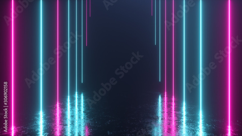 Endless corridor with neon lines tending down. Metal reflective scratched floor. 3d illustration. Modern colorful neon light spectrum