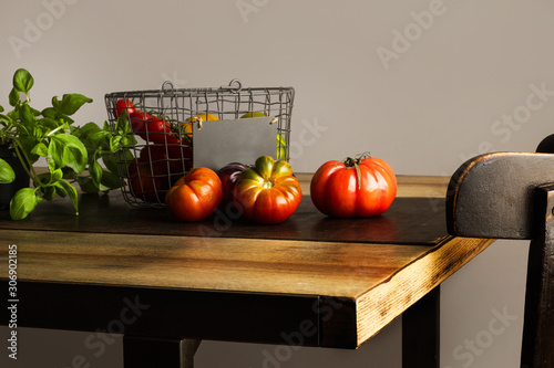 Tomates variedad sobre tabla rústica y cesta de metal con tomates naturales frescos y planta de albahaca sobre mesa de madera rústica. Vista de frente
