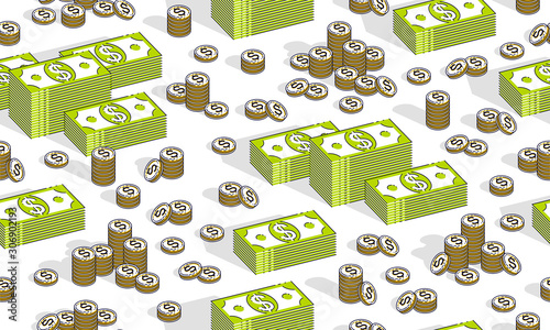 Money cash seamless background, backdrop for financial business website or economical theme ads and information, dollar currency money signs, vector wallpaper or web site background.