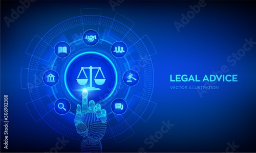 Labor law, Lawyer, Attorney at law, Legal advice concept on virtual screen. Internet law and cyberlaw as digital legal services or online lawyer advice. Robotic hand touching digital interface. Vector