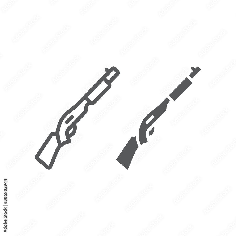 Shotgun line and glyph icon, weapon and military, automatic rifle sign, vector graphics, a linear pattern on a white background. Shotgun line and glyph icon, weapon and military, automatic rifle sign, vector graphics, a linear pattern on a white background.