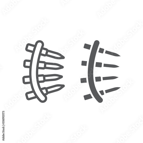 Bullet belt line and glyph icon, army and military, machine gun belt sign, vector graphics, a linear pattern on a white background.