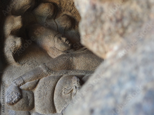 Single Stone Sculpture at Mahabalipuram temple which is located in south India, Tamil Nadu. one of the oldest structural rock-cut stone temple which was built in 700–728 AD. UNESCO Site