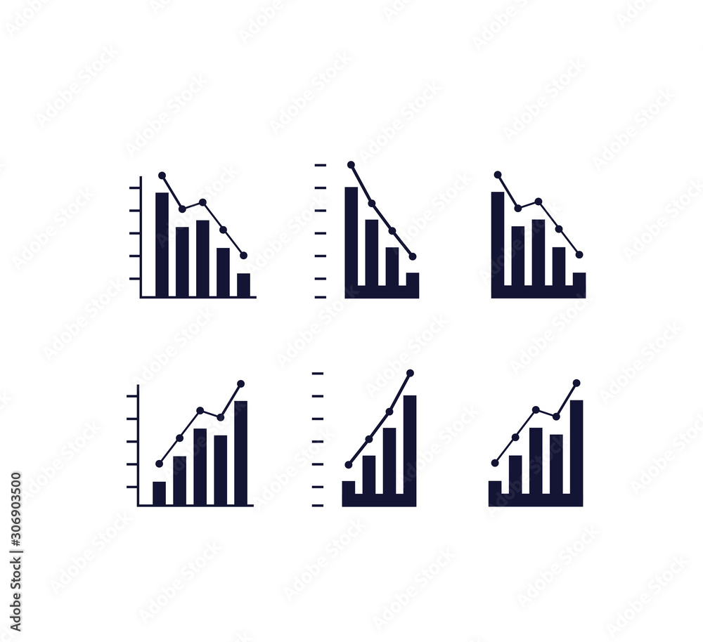 Fototapeta premium Set of a simple logo, icons. The graph of the fall and growth of the top, the crisis and the way out of the crisis. Business, investment, economics. Stock vector isolated on a white background