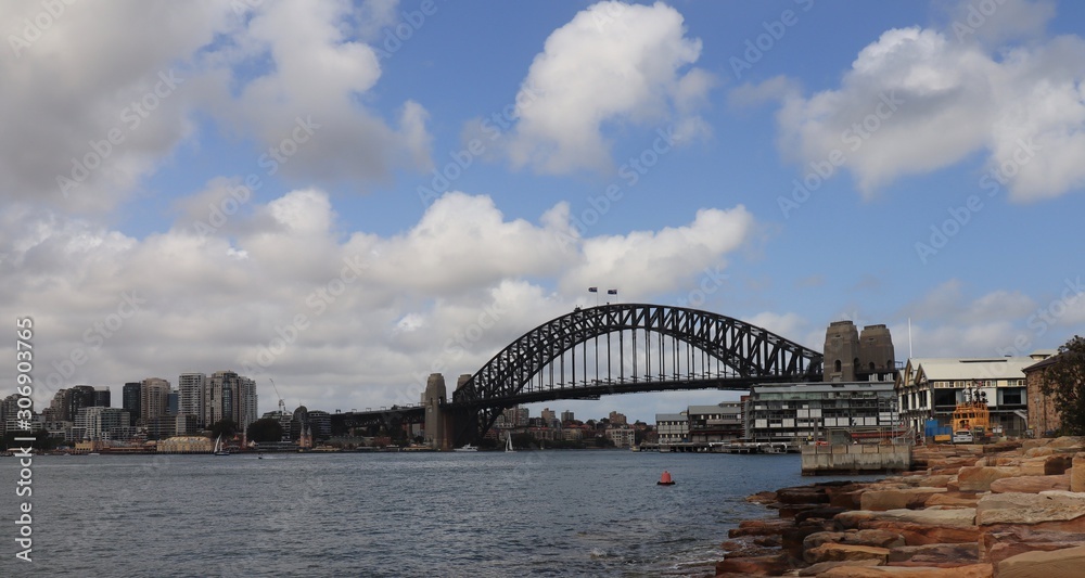 Panorama Sydney Harbour bridge nsw australia Waves blue sky clouds 