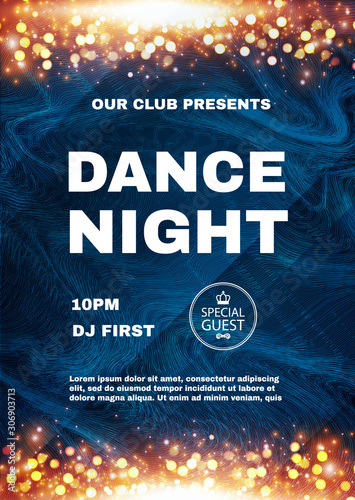 Dance night. Music fest poster template with shining fireworks. Show, exhibition, competition, birthday party flyer design. photo