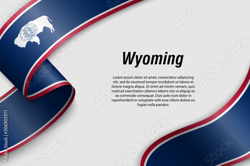 Waving ribbon or banner with flag wyoming