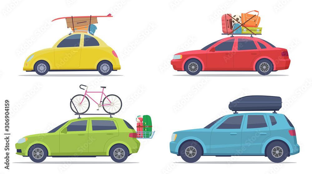 Cars with luggage. Road trip vehicle with suitcases vacation transport vector collection. Illustration luggage car for travel or trip summer
