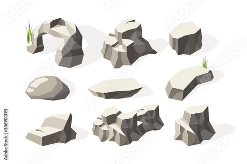 Stones isometric. Broken architecture rocks mineral elements stones surface vector collection. Illustration natural geology, broken stone material