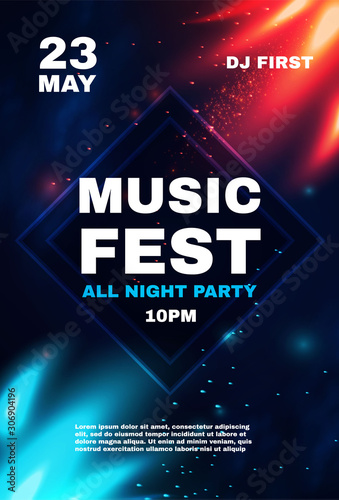 Music fest poster template with red and blue burning fire. Show, exhibition, competition, birthday and dance party flyer design.