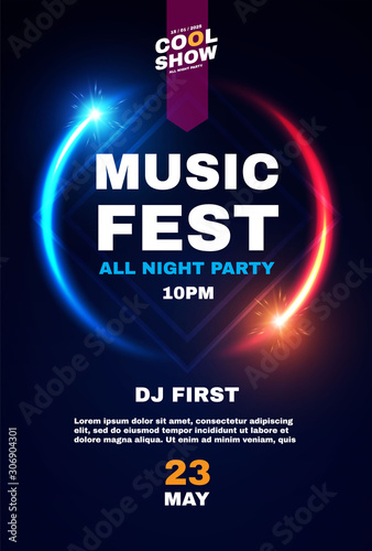 Music fest poster template. Show, exhibition, competition, birthday and dance party flyer design.