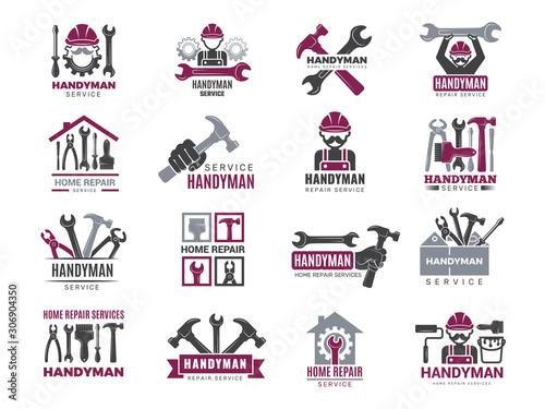 Handyman badges. Builders and workers contractor symbols technicians vector logotypes for handyman. Illustration carpenter handyman logo and emblem photo