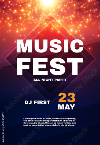 Music fest poster template. Show, exhibition, competition, birthday and dance party flyer design.