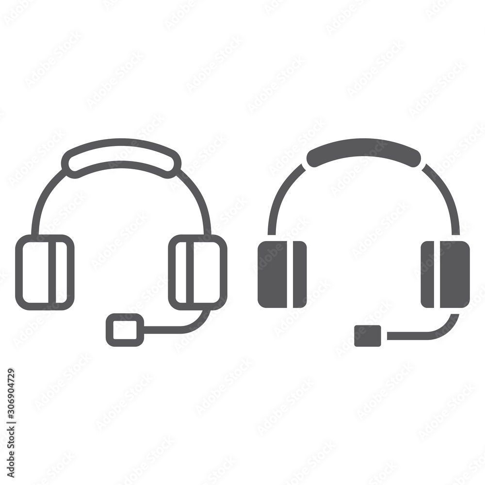 Headphones witn microphone line and glyph icon, technology and device, headset sign, vector graphics, a linear pattern on a white background. Headphones witn microphone line and glyph icon, technology and device, headset sign, vector graphics, a linear pattern on a white background.