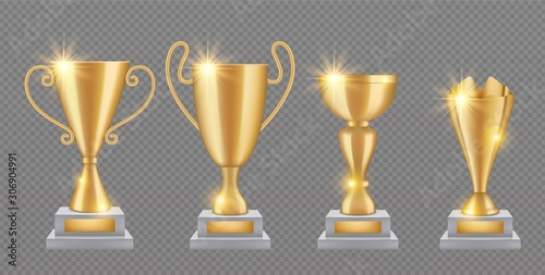 Gold trophy. Realistic golden award cups collection. Shine trophies isolated on transparent background. Illustration gold award and trophy realistic