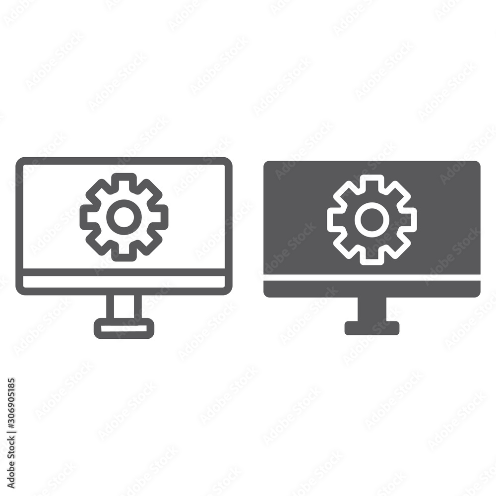Computer settings line and glyph icon, technology and equipment, monitor with gear sign, vector graphics, a linear pattern on a white background.