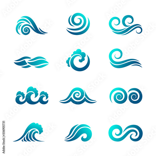 Stylized wave logo. Ocean and sea water graphics flowing wave swimming vector symbols collection. Ocean and sea water wave, illustration emblem logo flowing