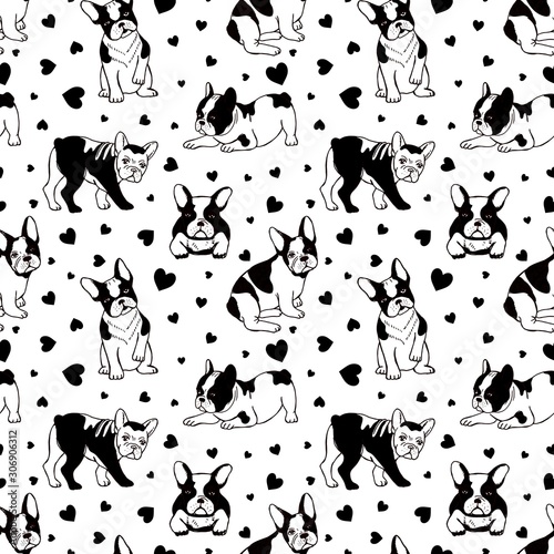 Dogs pattern. French bulldog seamless texture. Vector pets background. Black and white dogs isolated on white background. Illustration french bulldog pattern, wallpaper and background animal