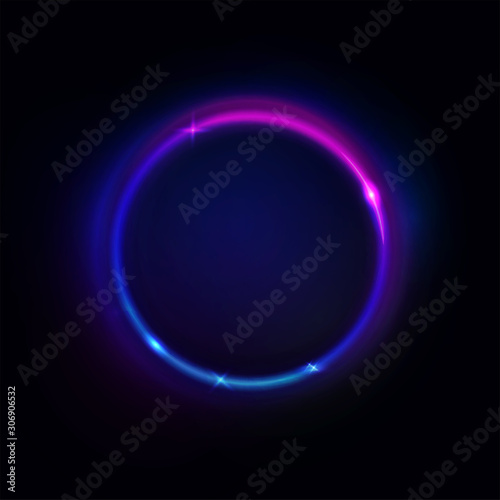 Glowing purple violet round frame. Vector circle shaped light sign, dark abstract background. Purple color, light effect, ring. Futuristic illustration or geometric design element for banner, sign.