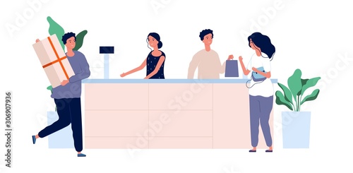 Customer service concept. Shoppers with products standing at counter. Vector store team male female flat characters. Illustration cashier woman and man worker, checkout saleswoman
