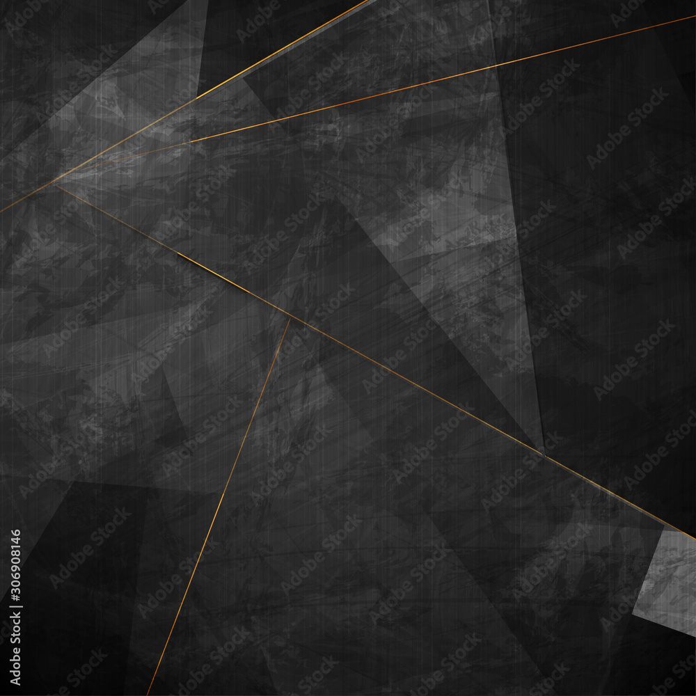 Black grunge corporate abstract background with golden lines. Vector illustration