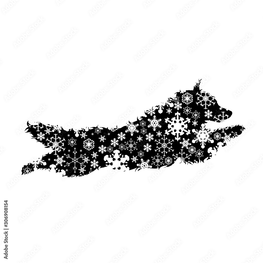 Vector silhouette of snowy dog on white background. Symbol of winter, pet, puppy, home, jump, animal, season, snow, cold, snowflake, Christmas, frost. Vector silhouette of snowy dog on white background. Symbol of winter, pet, puppy, home, jump, animal, season, snow, cold, snowflake, Christmas, frost.