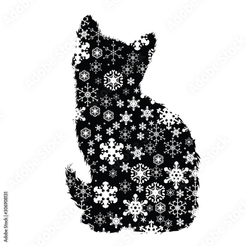 Vector silhouette of snowy cat on white background. Symbol of winter, animal, kitty, cold, snowflake, Christmas, season, pet, frost.