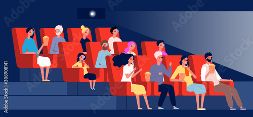 Characters watching movie. Persons sitting in chairs in cinema hall vector flat pictures concept. Auditorium of cinema, audience relaxing and looking illustration