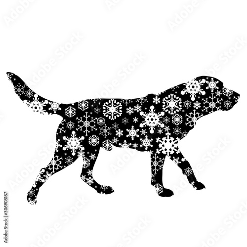 Vector silhouette of snowy dog on white background. Symbol of winter  pet  puppy  home  animal  season  snow  cold  snowflake  Christmas  frost.