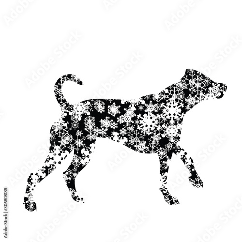 Vector silhouette of snowy dog on white background. Symbol of winter  pet  puppy  home  animal  season  snow  cold  snowflake  Christmas  frost.